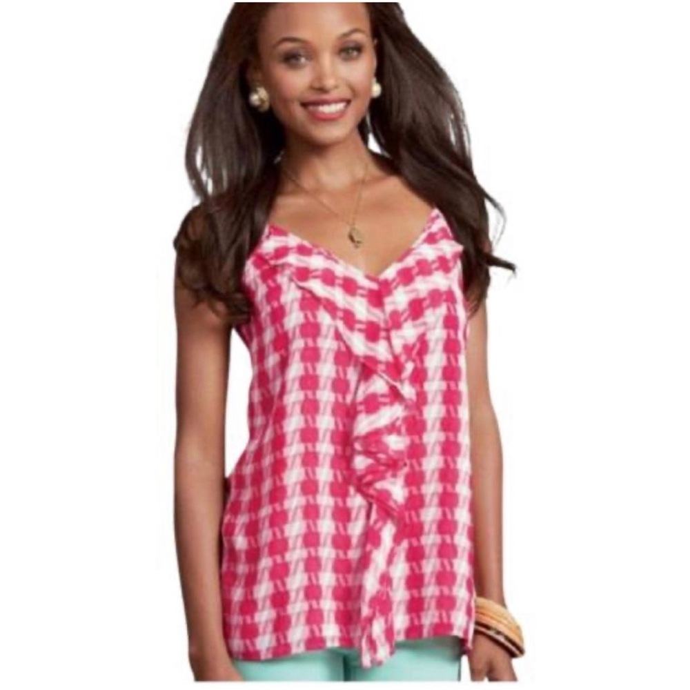 CAbi Pink & White Ruffled V-Neck Camisole
